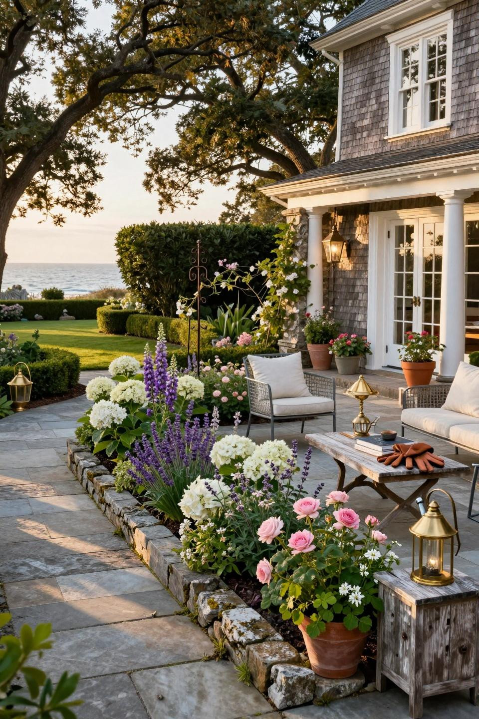 Simple landscaping front yard with natural limestone flagstone and layered perennial borders