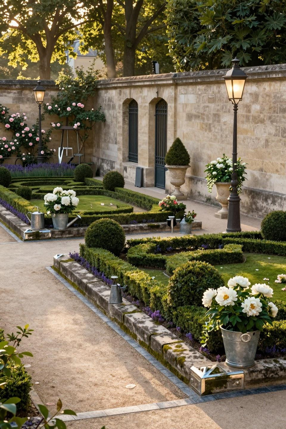 Simple landscaping front yard with reclaimed Burgundy limestone and boxwood parterres