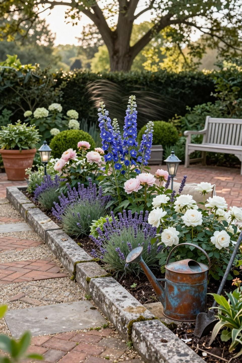 Simple landscaping front yard with French limestone edging and David Austin roses