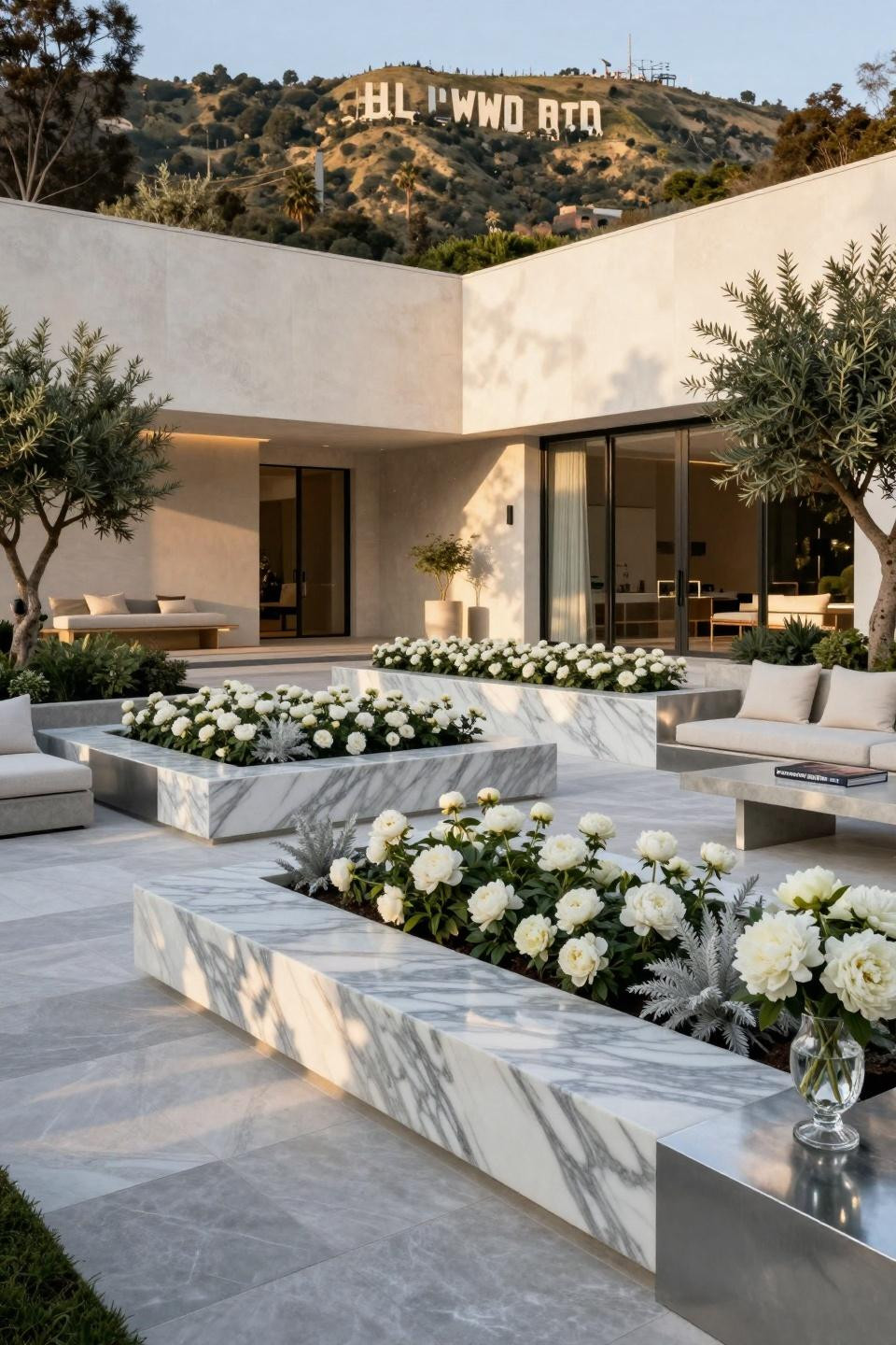 Simple landscaping front yard with book-matched porcelain panels and monochromatic plantings