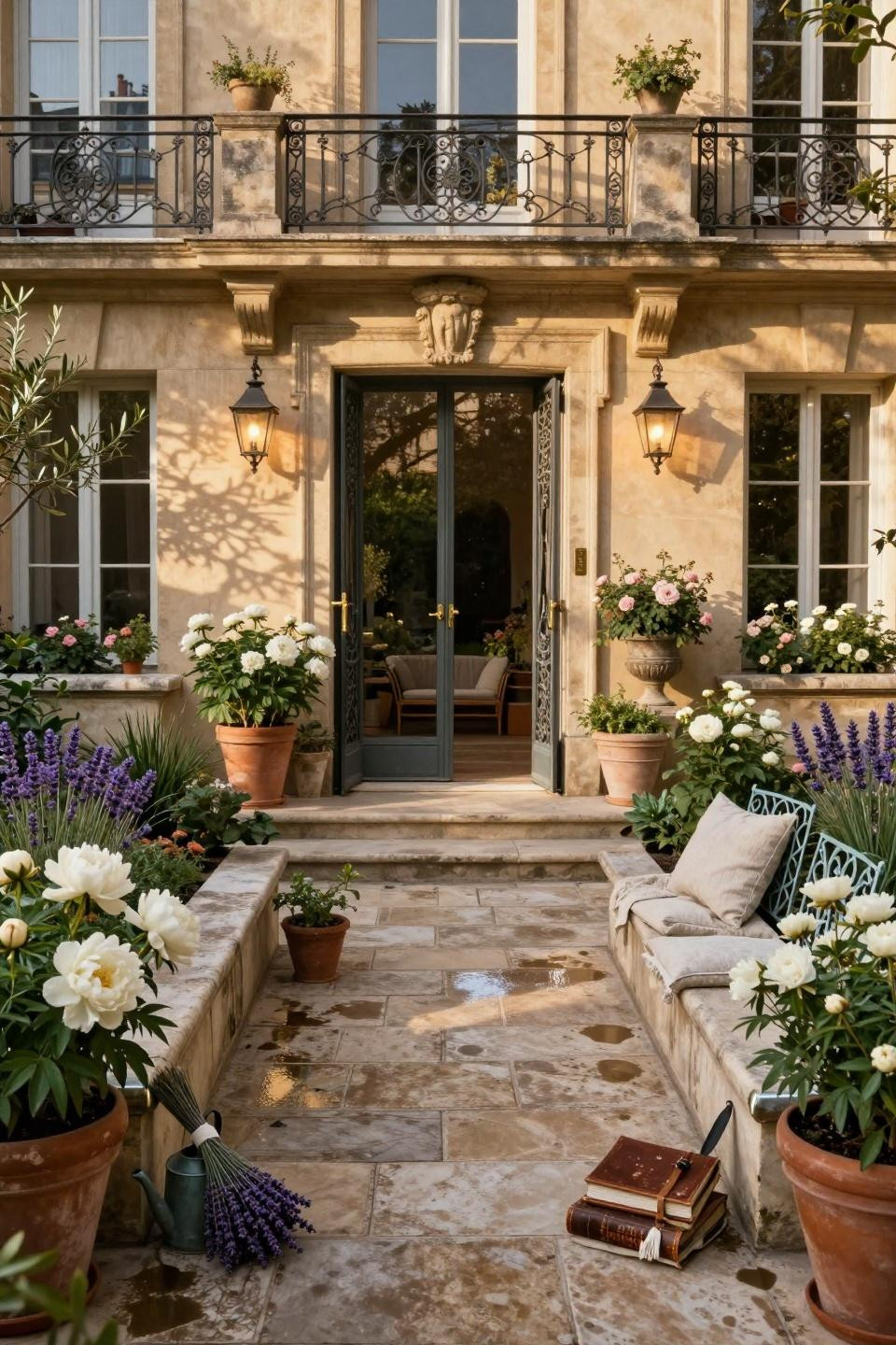 Simple landscaping front yard with raised limestone flower beds and polished nickel edging