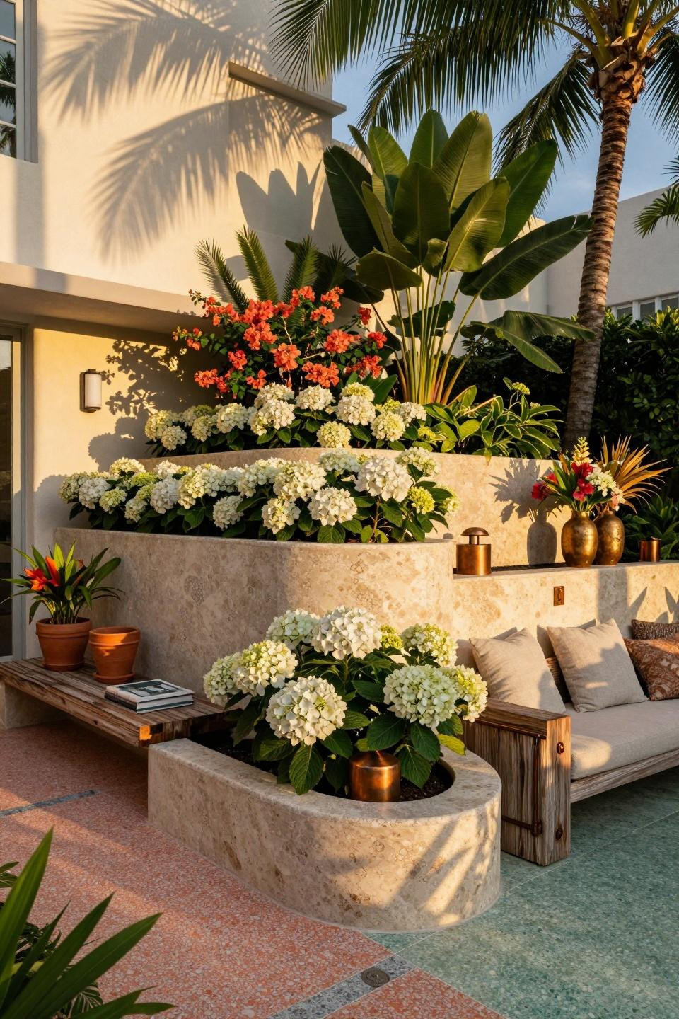 Simple landscaping front yard with travertine stone borders and tropical plantings