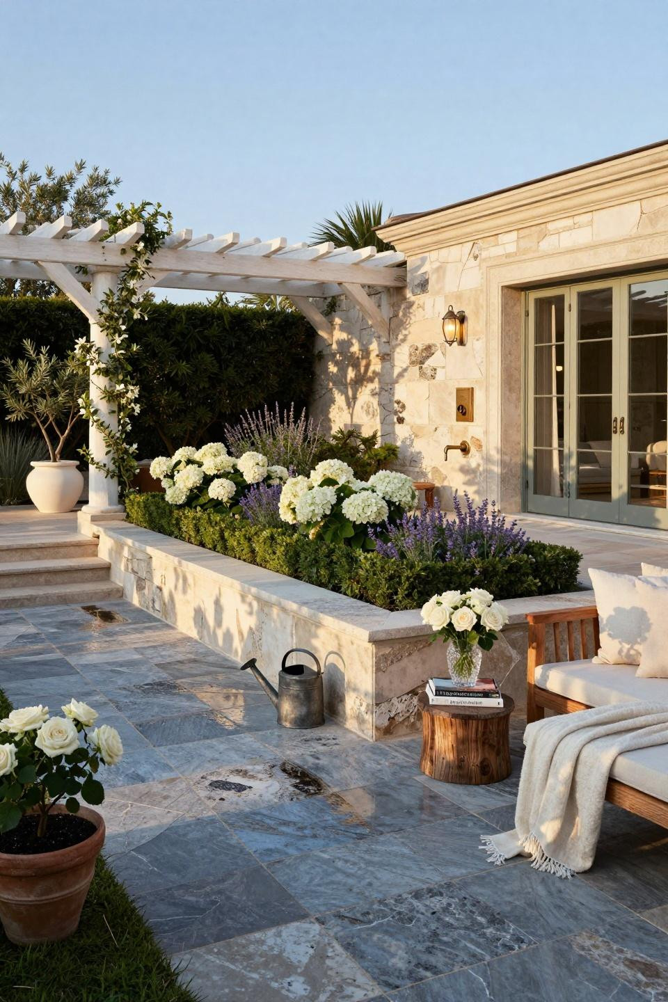 Garden bed ideas front of house with custom limestone walls and Belgian linen furniture
