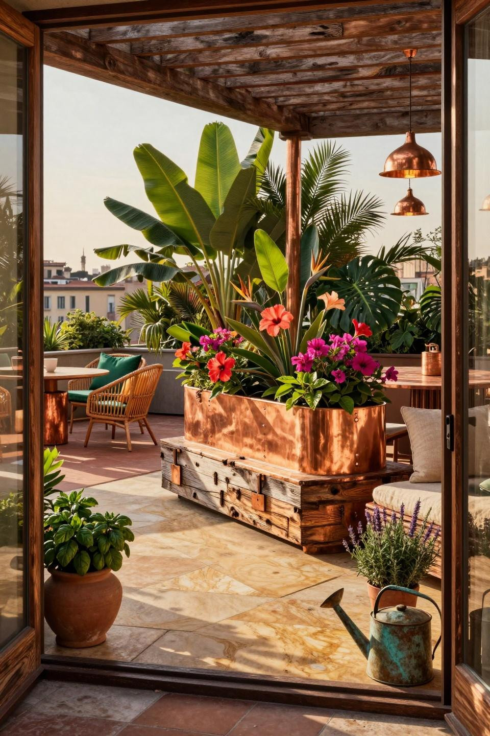 Front yard garden design with aged copper planters and tropical botanical specimens