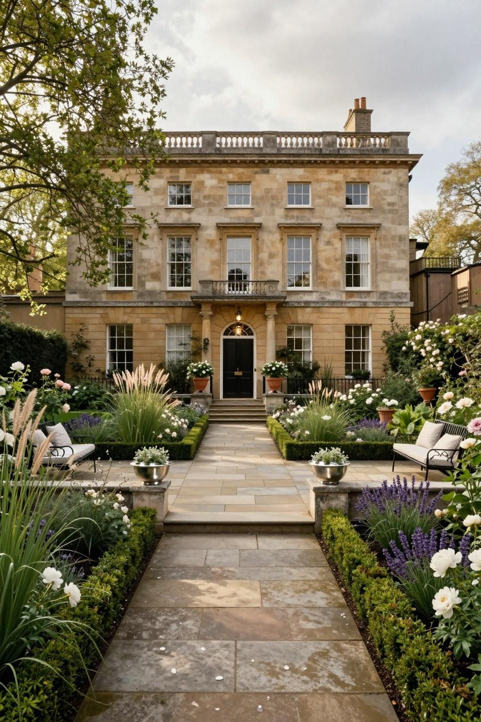 Flower beds around house featuring Piet Oudolf perennial borders and Cotswolds limestone