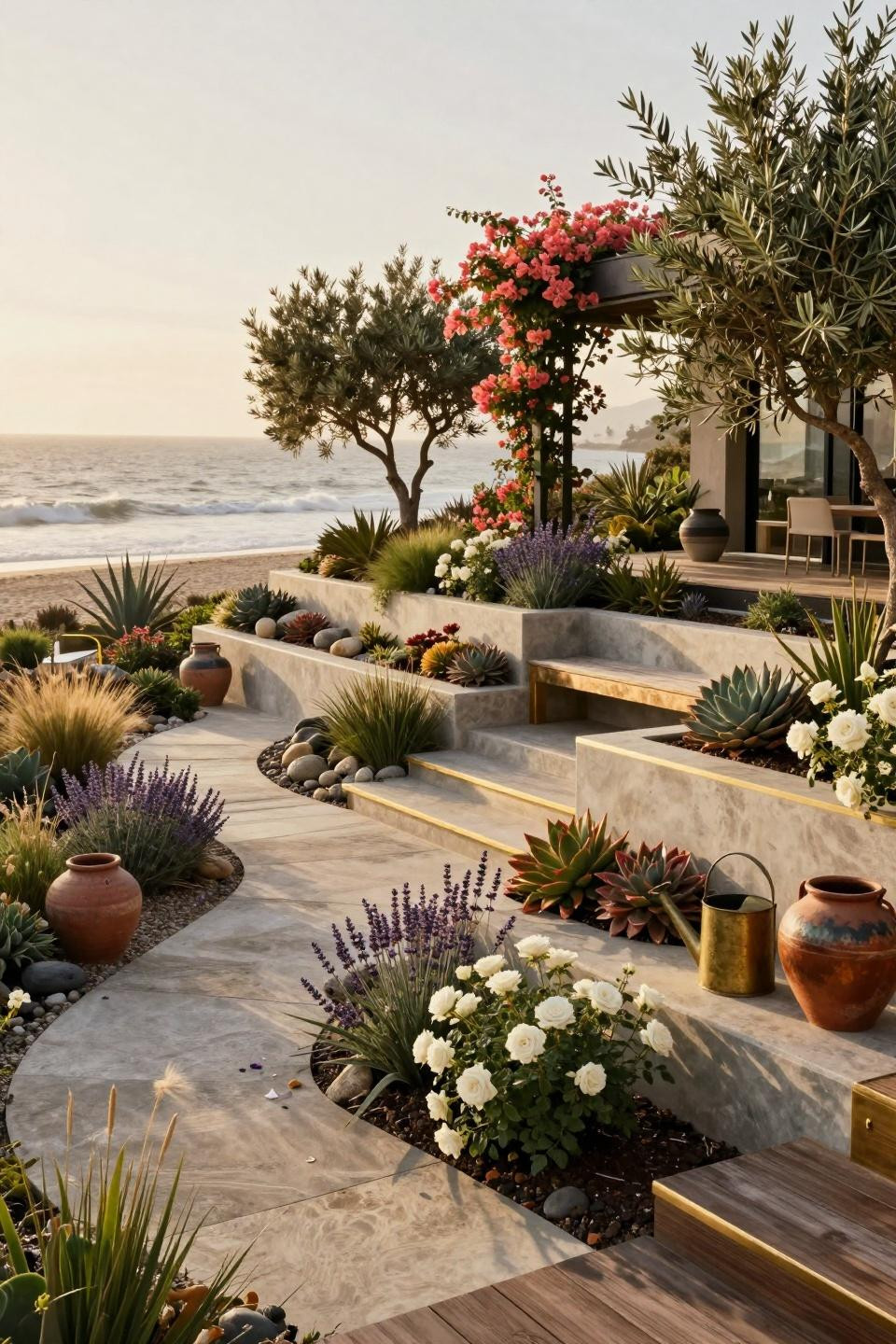 Flower bed inspiration with architectural concrete planters and polished brass accents