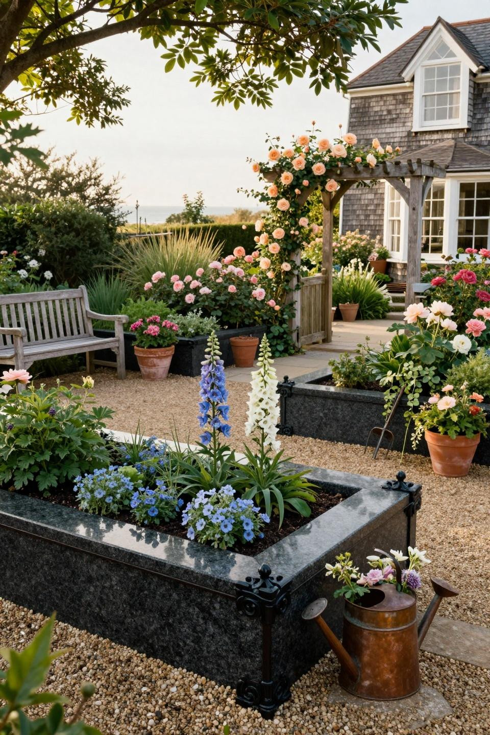 Raised flower beds in front of house constructed from honed Absolute Black granite