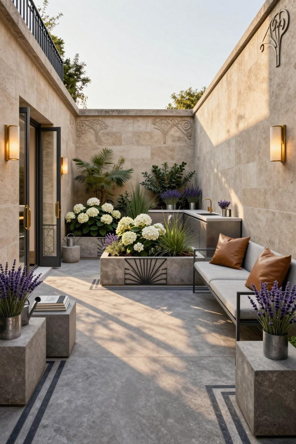 Backyard flower beds with blackened steel edging and concrete planters