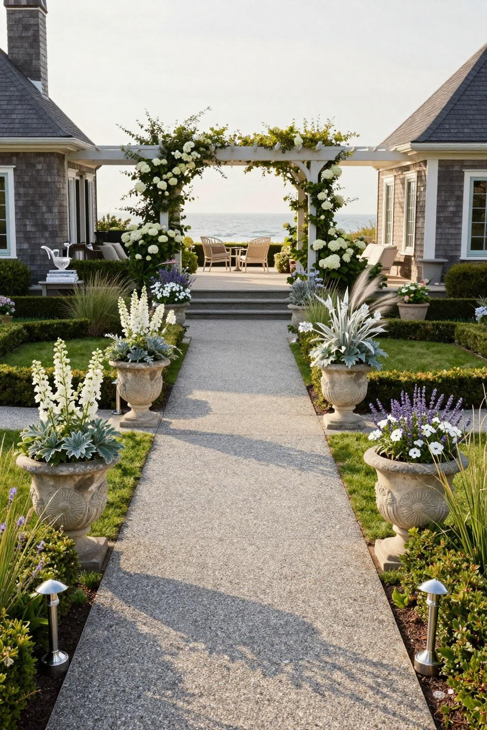 Small garden design with hand-carved limestone planters and perennial borders