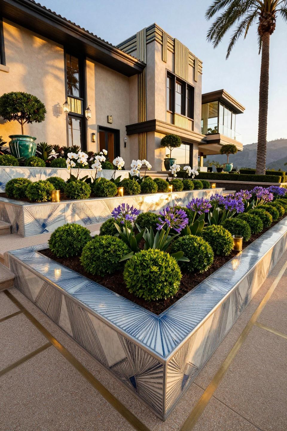 DIY flower beds in front of house with museum-quality porcelain slab edging