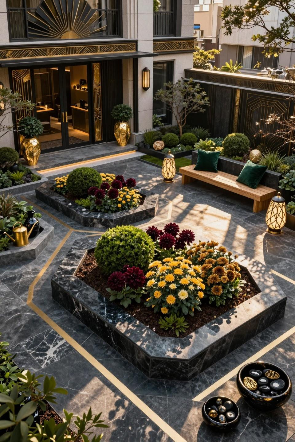 Front of house landscape ideas with Japanese Art Deco geometric flower beds