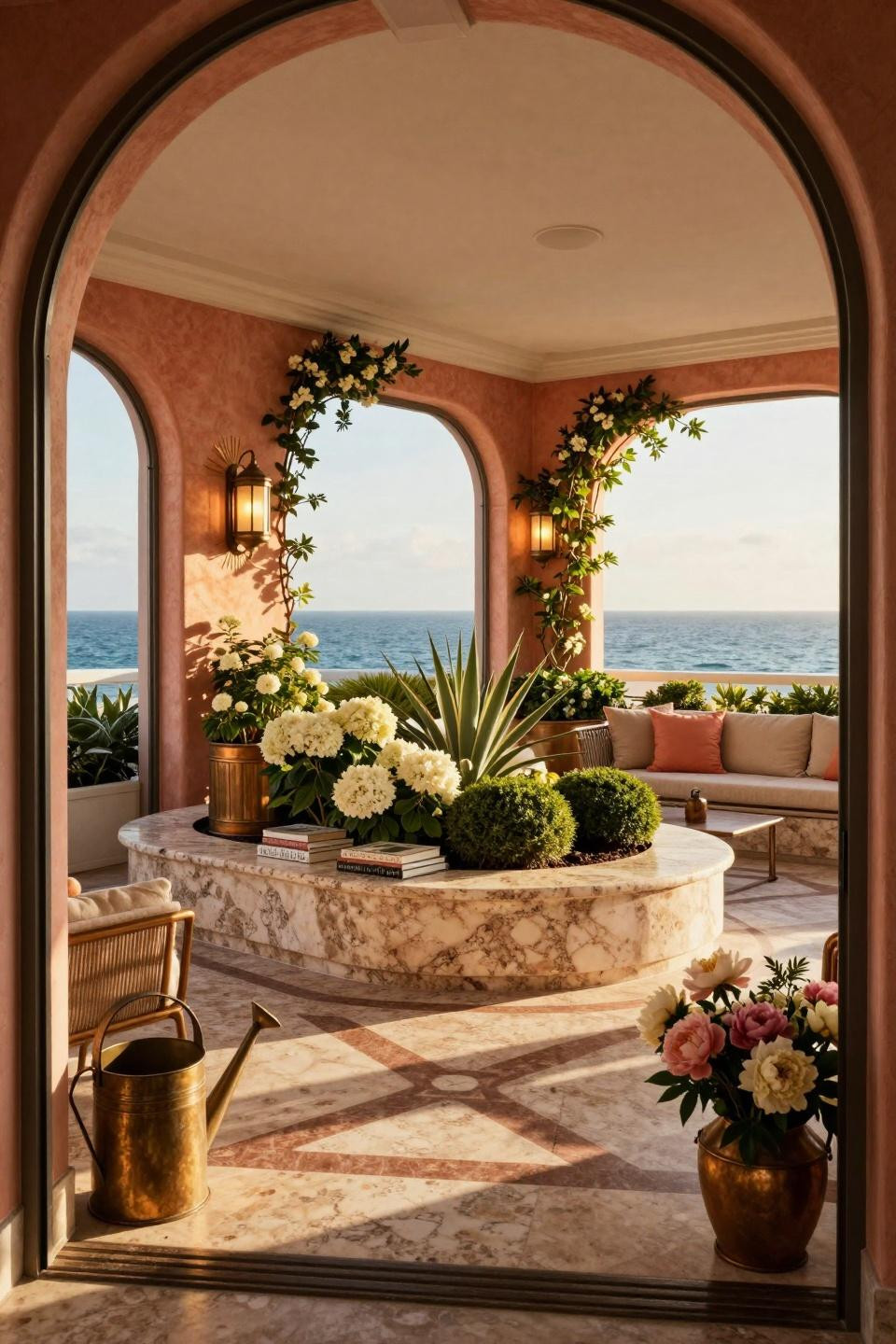 Flower bed ideas featuring Art Deco travertine planters with sculptural white hydrangeas