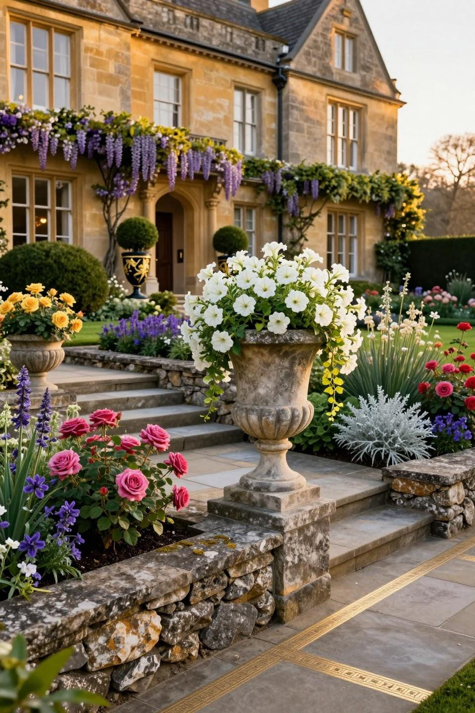 Rock flower beds in front of house with carved limestone and heritage roses