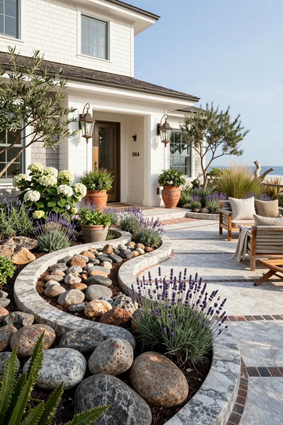 Rock flower beds in front of house with natural travertine and coastal plantings