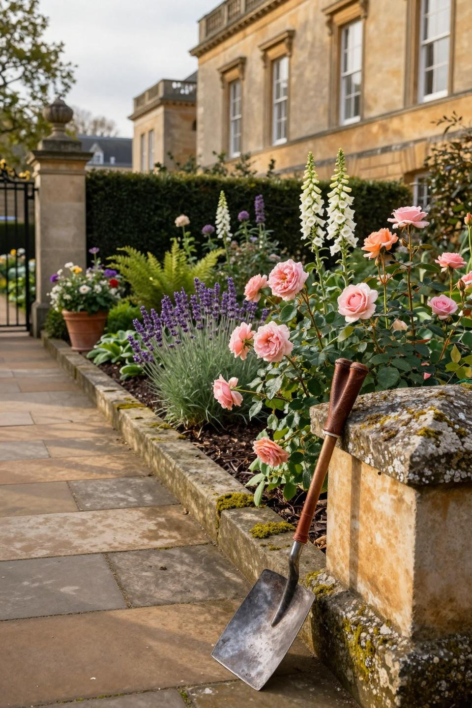 Rock flower beds in front of house with Cotswold stone and English roses