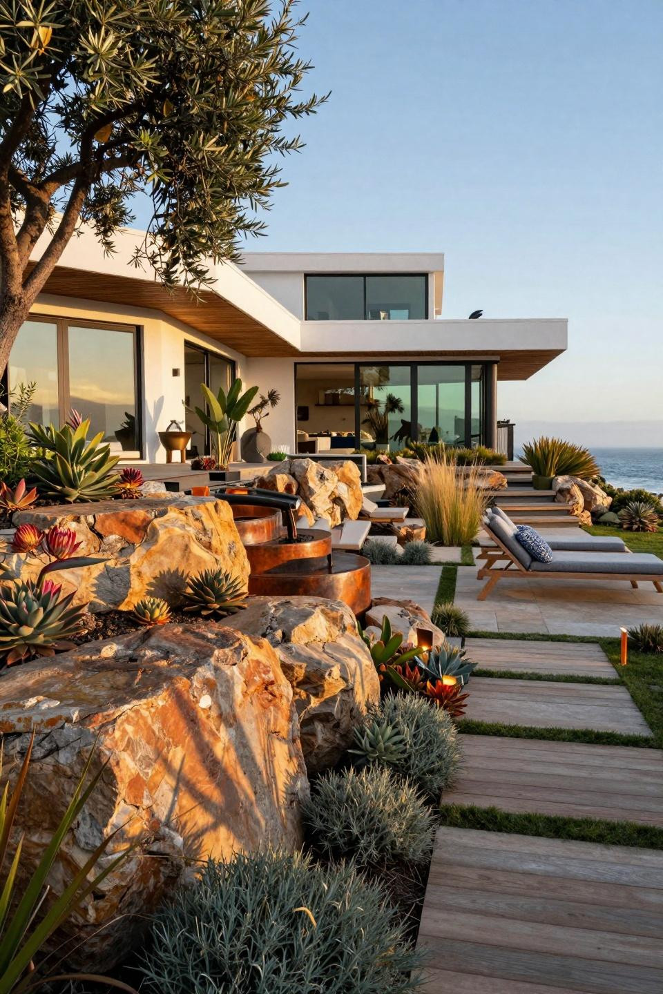 Rock flower beds in front of house with copper-tone quartzite and Bird of Paradise
