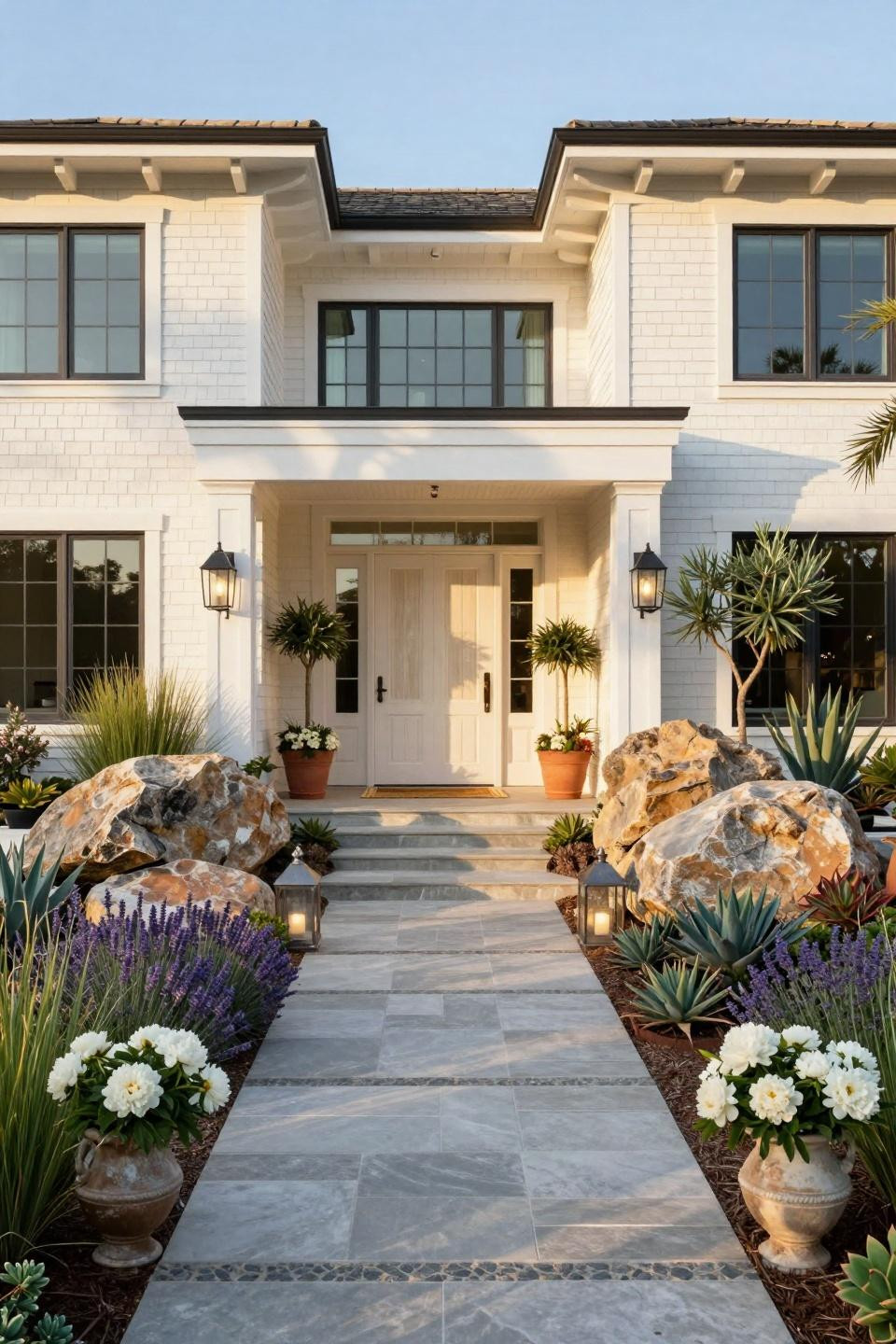 Rock flower beds in front of house with Jerusalem limestone and coastal grasses