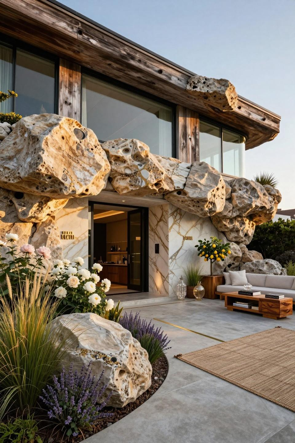 Rock flower beds in front of house with Jerusalem limestone and Calacatta marble