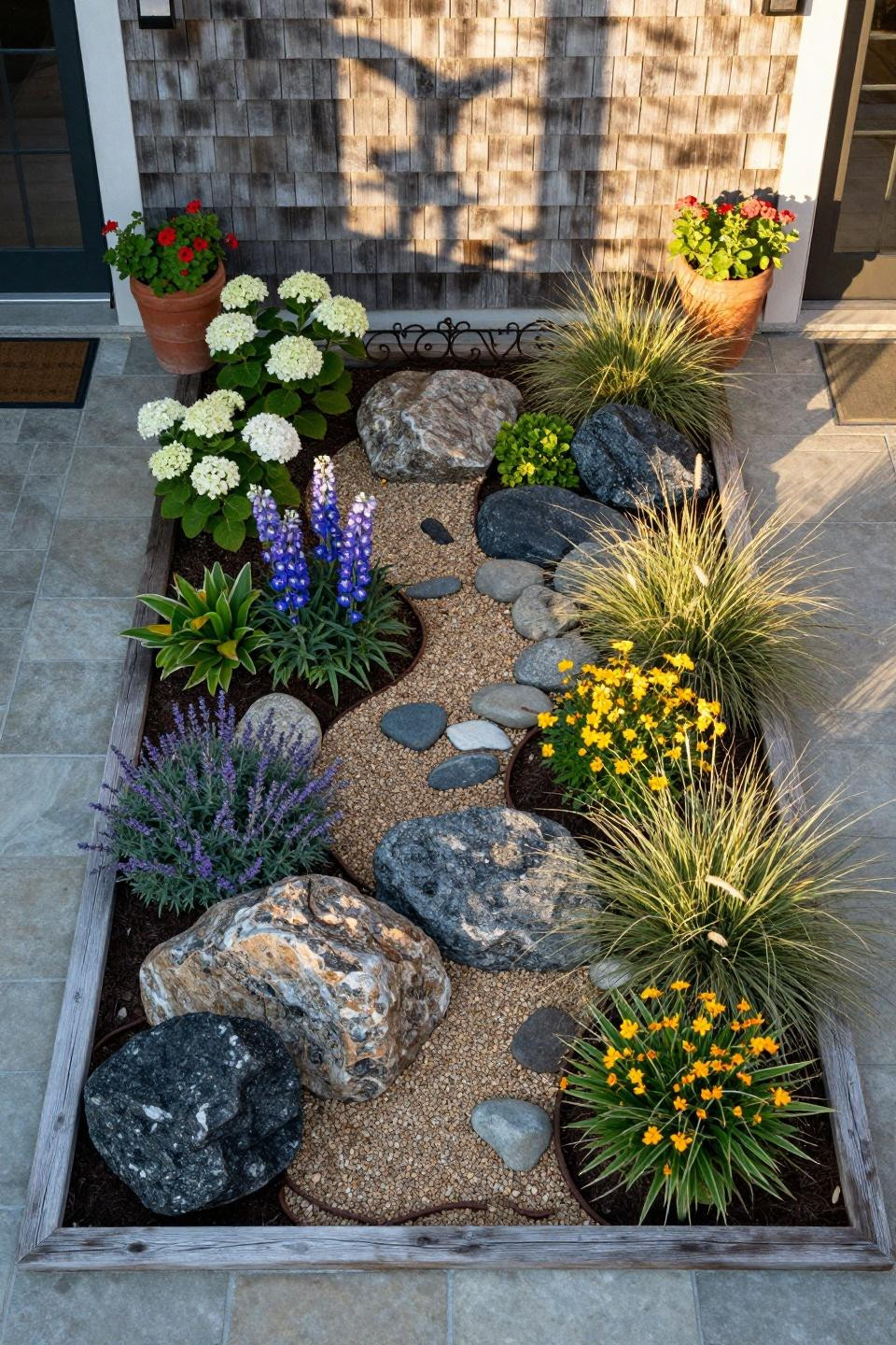 Rock flower beds in front of house with honed granite and jewel-tone plantings