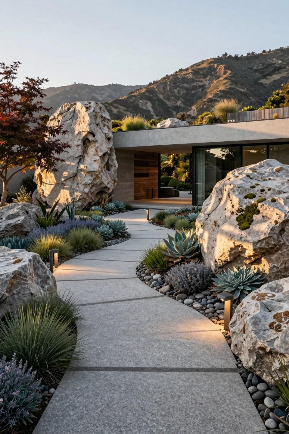 Rock flower beds in front of house with weathered limestone and California natives