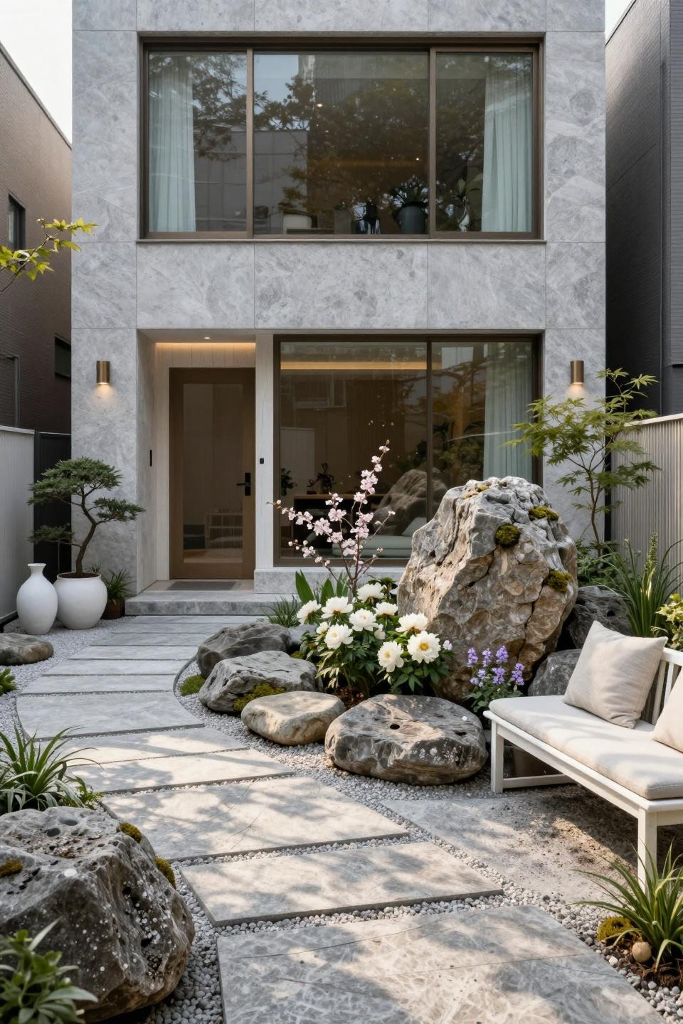 Rock flower beds in front of house with Jerusalem limestone and Japanese maple