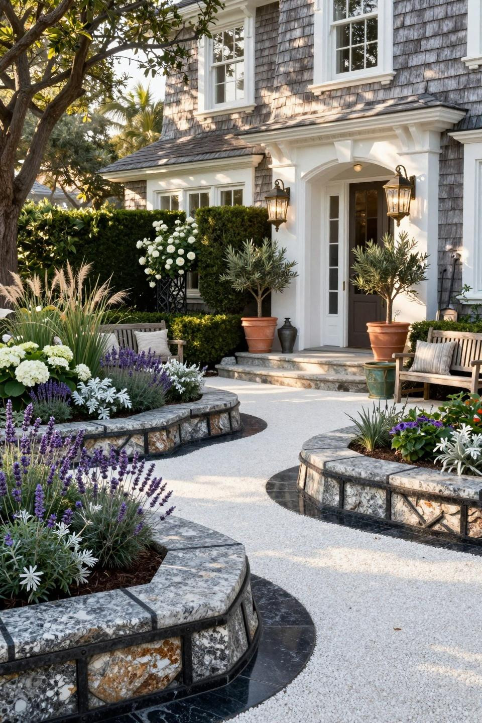 Rock flower beds in front of house with honed Absolute Black granite