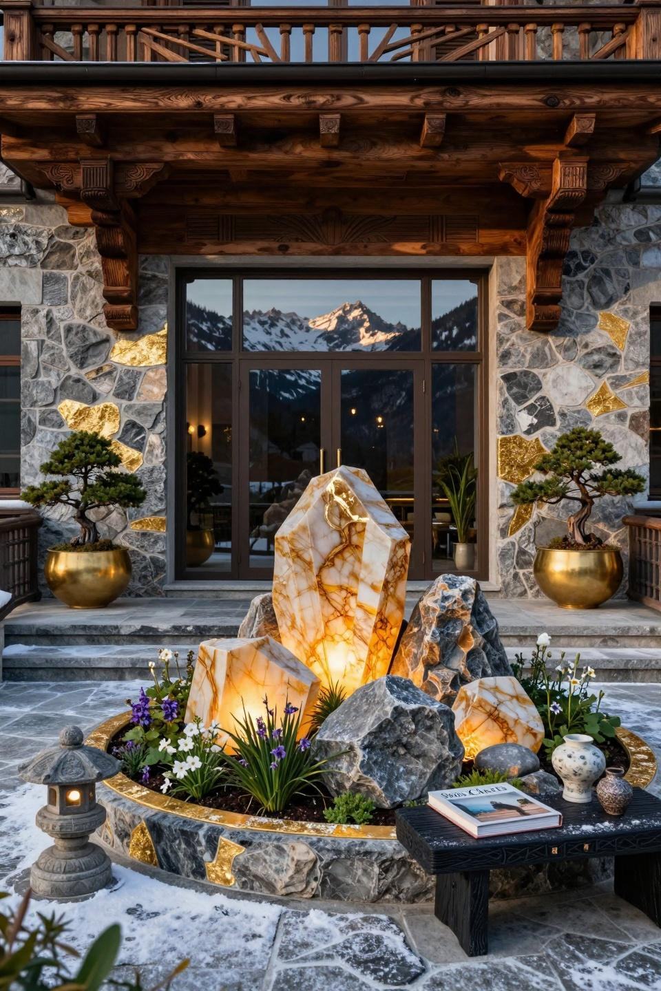 Rock flower beds in front of house with museum-quality onyx and gold leaf