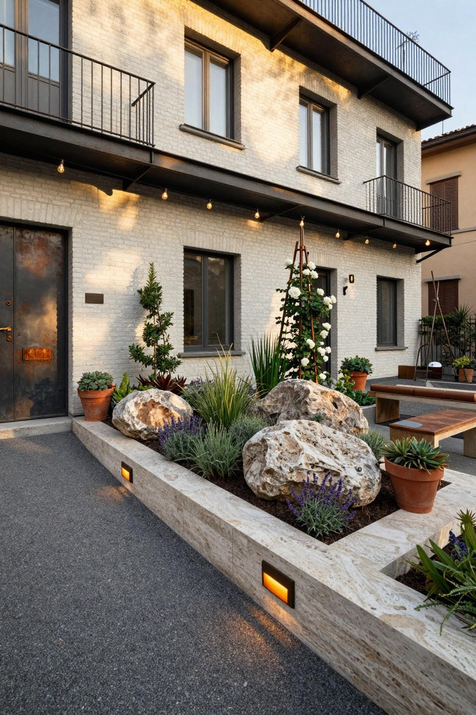 Rock flower beds in front of house with reclaimed travertine and bronze
