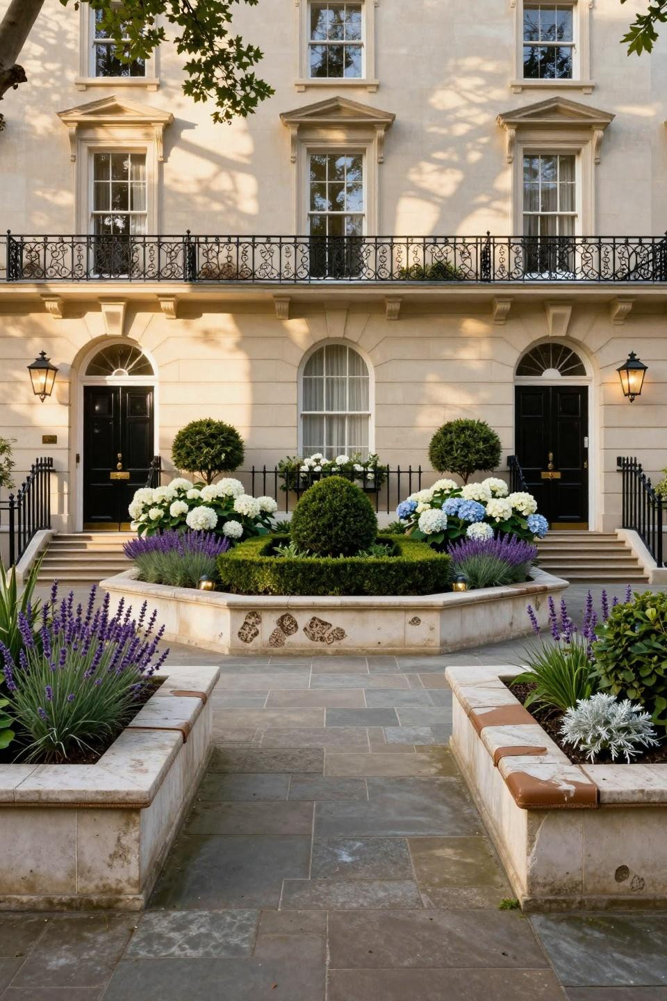 Simple flower bed ideas with natural honed limestone and Victorian details