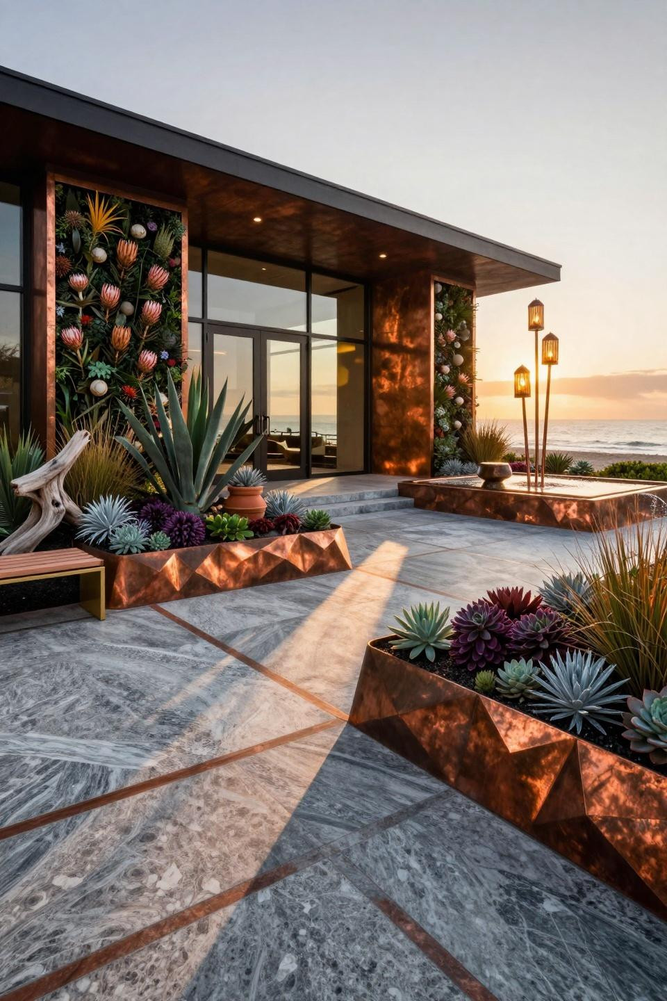 Garden bed ideas front of house featuring sculptural copper planters