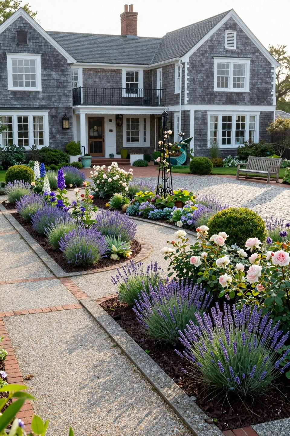 DIY flower beds in front of house featuring honed granite and David Austin roses