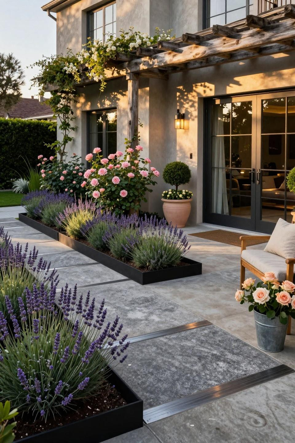 Front of home landscaping ideas with David Austin roses and weathered concrete