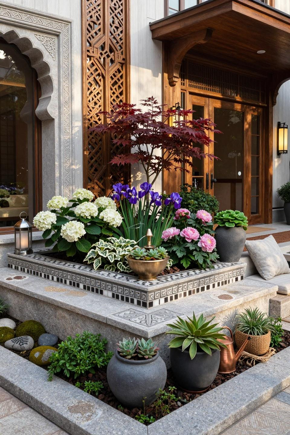 Flower bed landscaping ideas featuring geometric limestone and brushed nickel water features