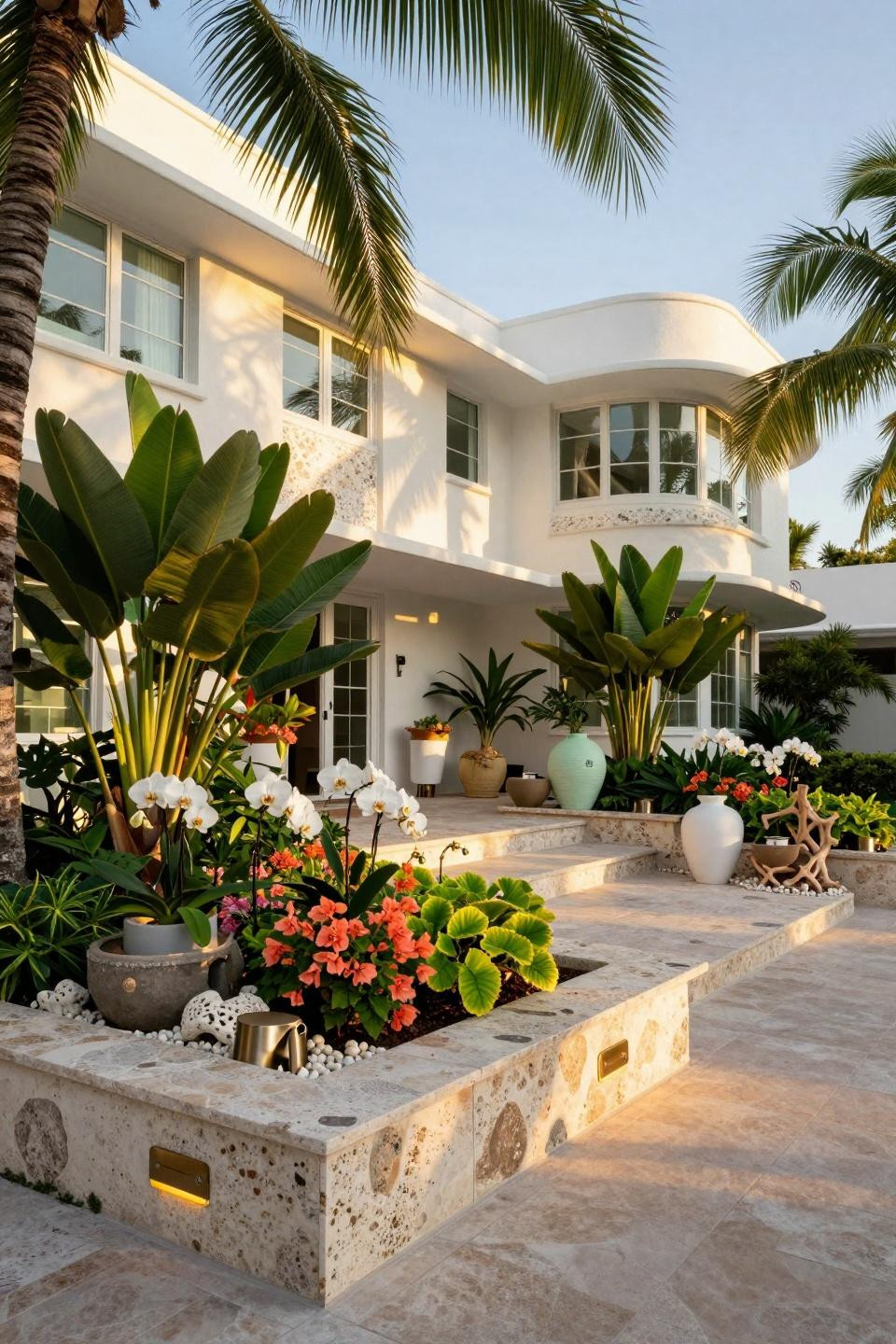 Front yard flower beds against the house in tropical modern style
