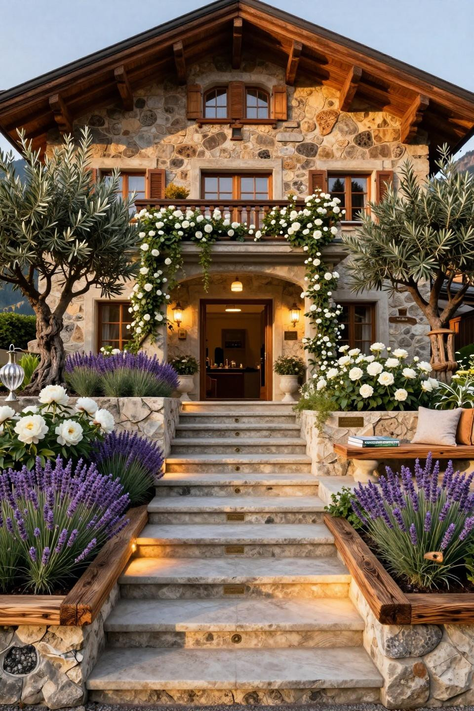 Simple landscaping front yard with Jerusalem limestone and Mediterranean olive trees