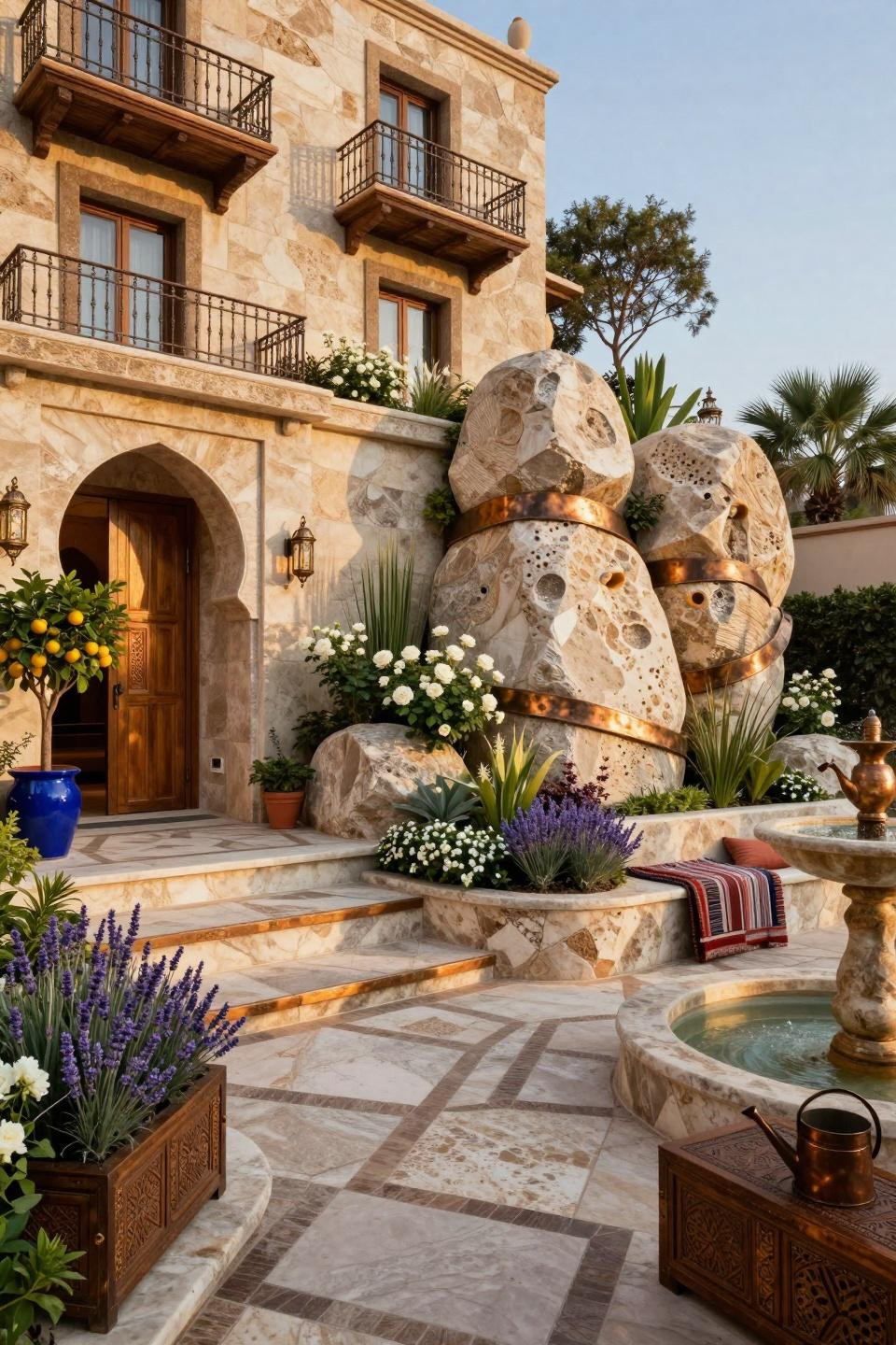 Rock flower beds in front of house featuring travertine bronze sculptural terraces