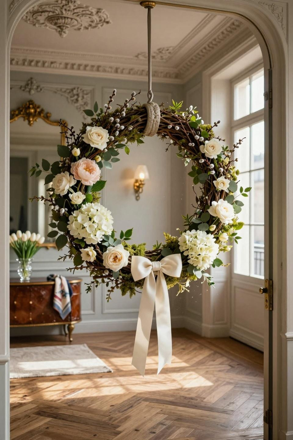 Easter wreaths for front door with preserved eucalyptus and blush roses on mahogany door with etched glass