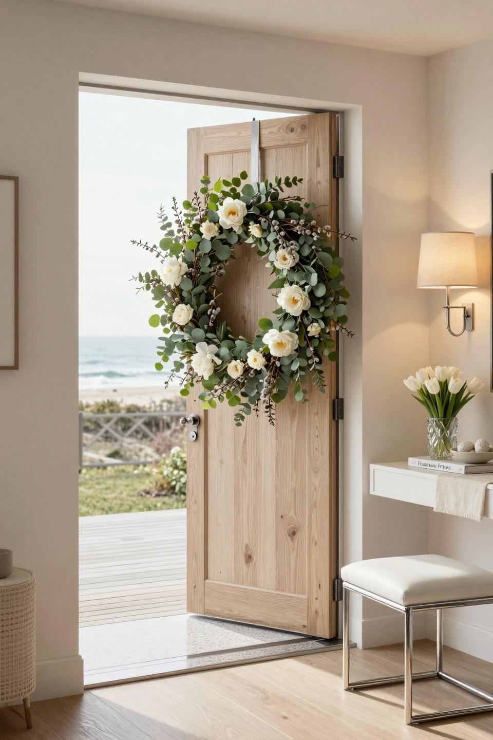 Easter wreaths for front door with preserved eucalyptus and ivory roses on cerused white oak door