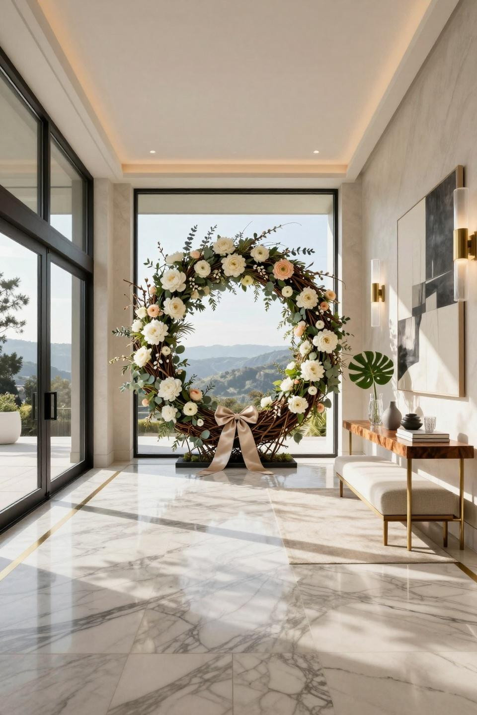 Easter wreaths for front door with preserved peonies and pussy willow on blackened steel pivot door