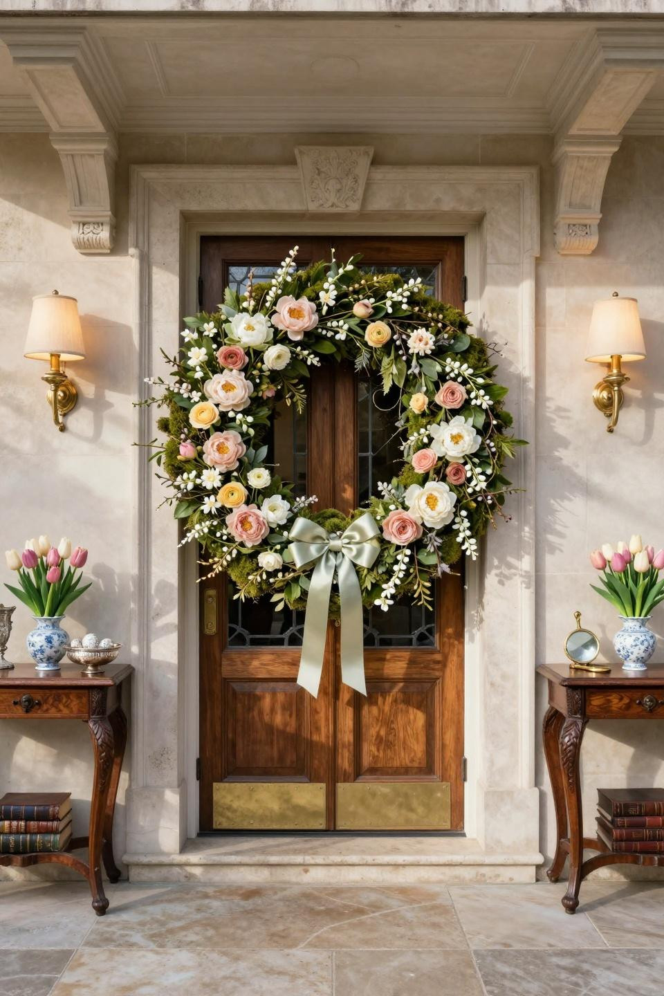 Easter wreaths for front door with preserved peonies and garden roses on mahogany double doors