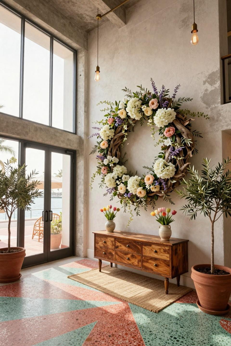 Easter wreaths for front door with white hydrangeas and trailing jasmine on weathered driftwood base