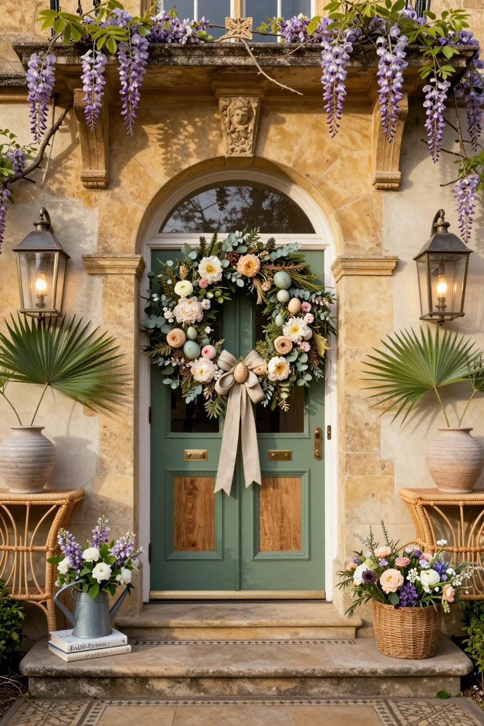Easter wreaths for front door with British garden blooms and linen ribbons on heritage green oak door
