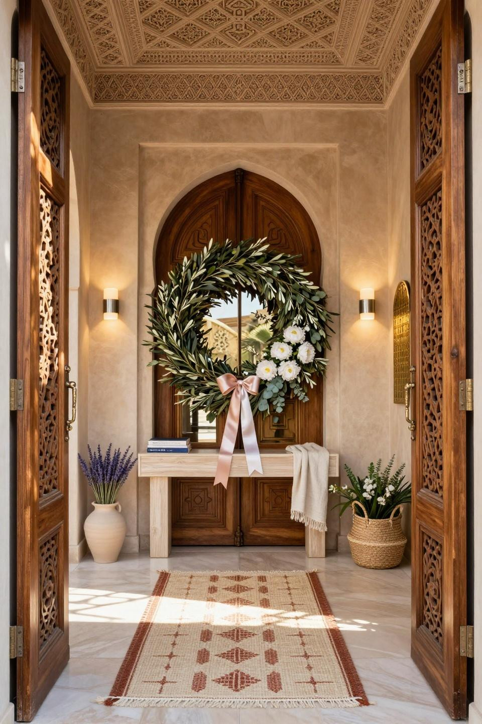 Easter wreaths for front door with preserved olive branches and white peonies on carved walnut door