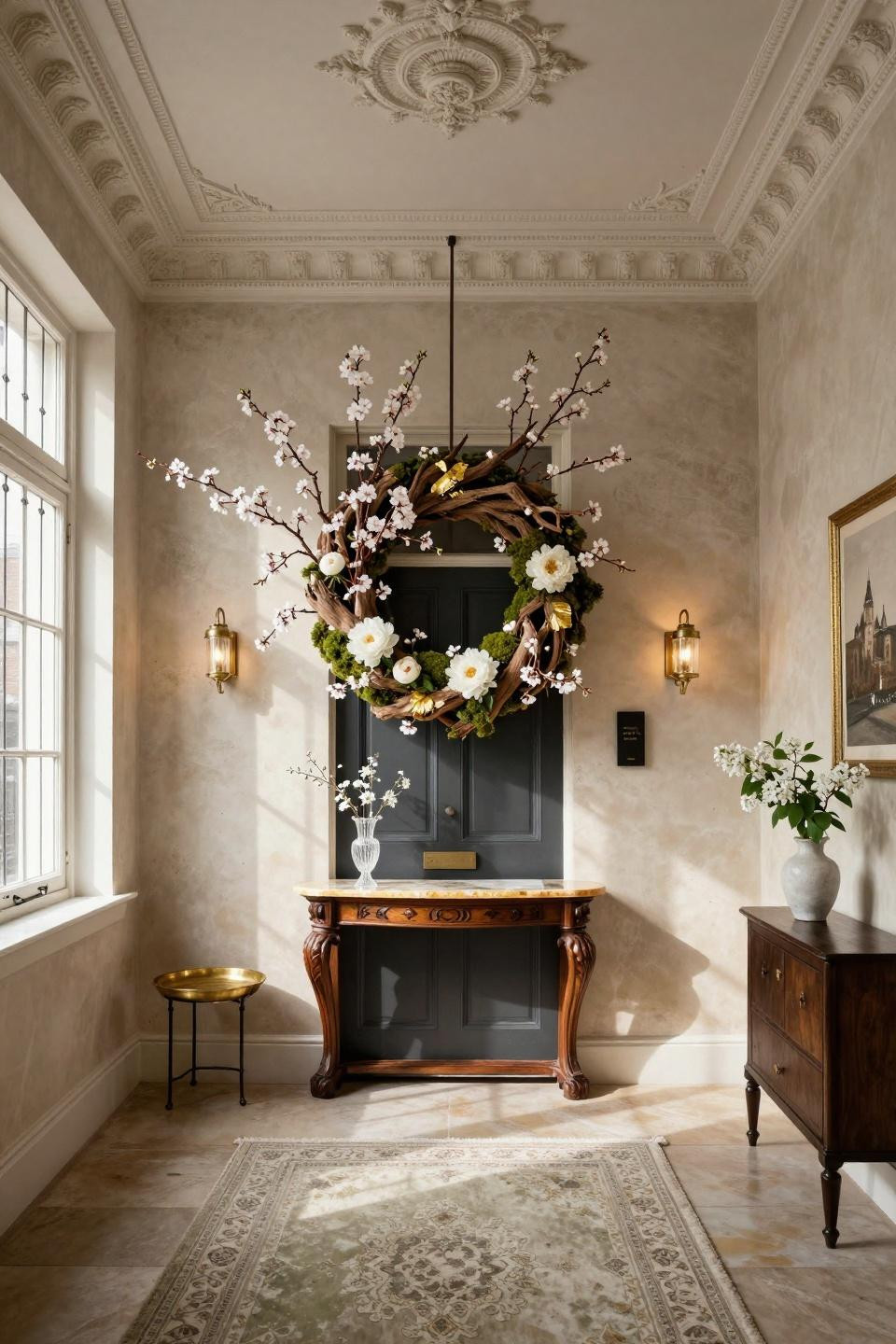 Easter wreaths for front door with cherry blossoms and white peonies on charcoal Georgian door