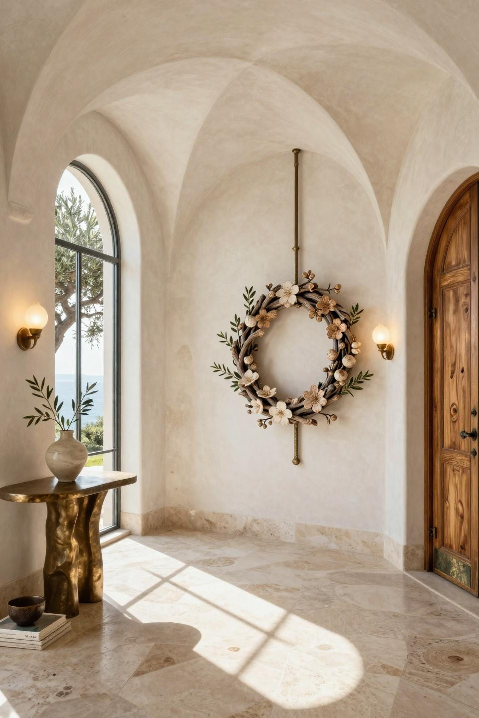 Easter wreaths for front door with hand-carved travertine branches and bronze cherry blossoms