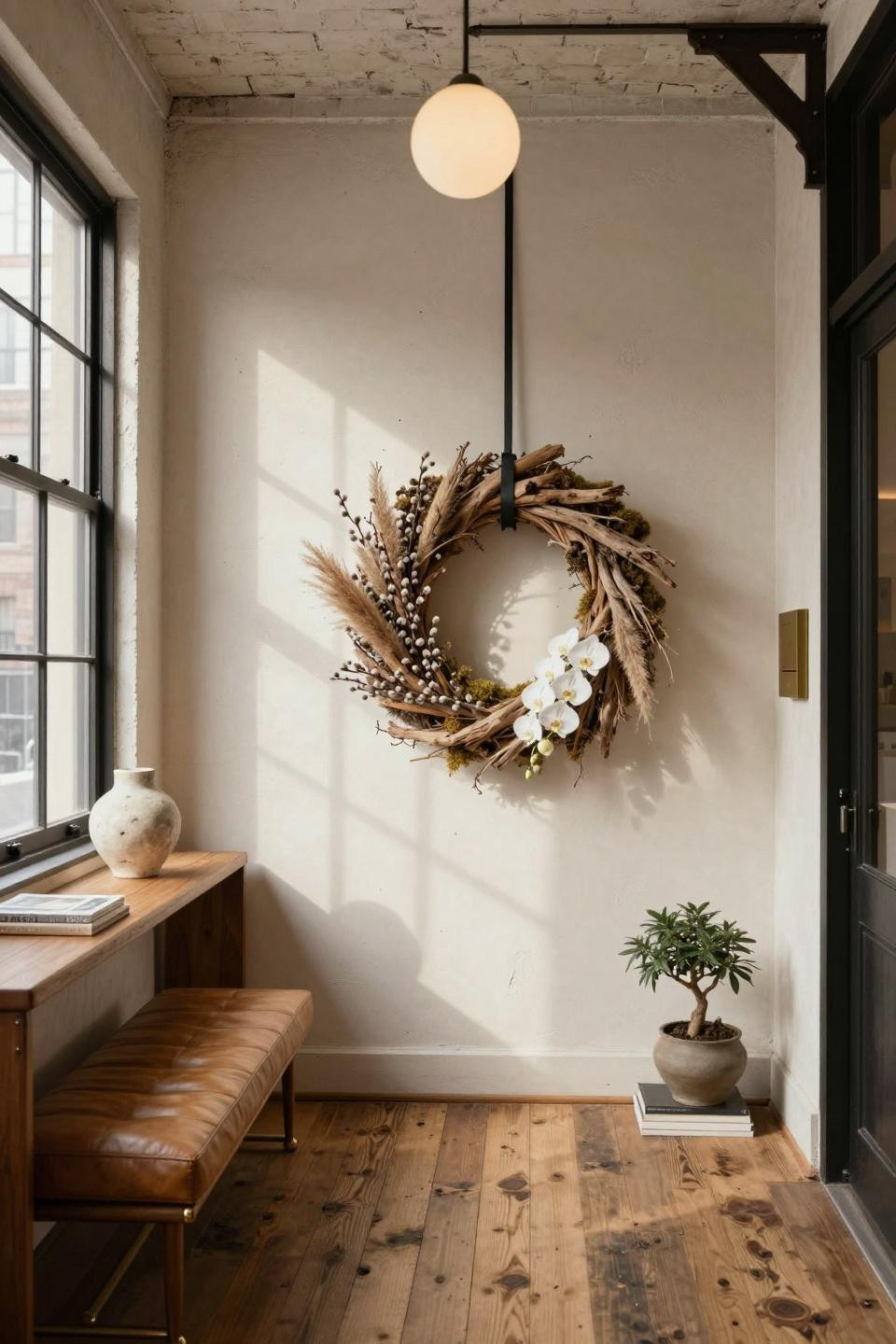 Easter wreaths for front door with bleached driftwood and white orchids on exposed brick