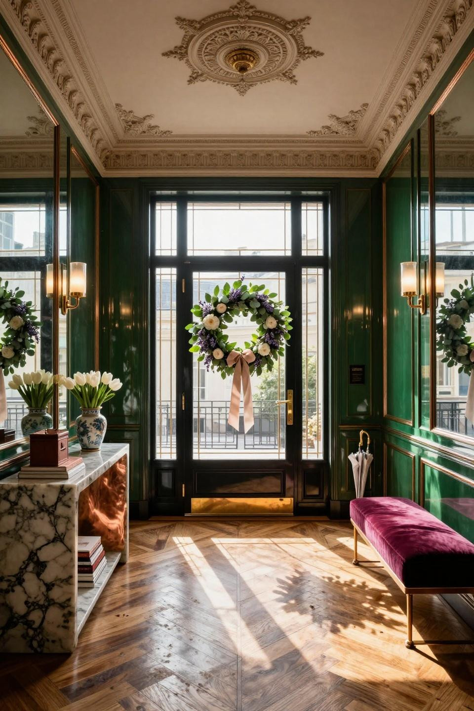 Easter wreaths for front door with preserved eucalyptus and white peonies on emerald lacquer door
