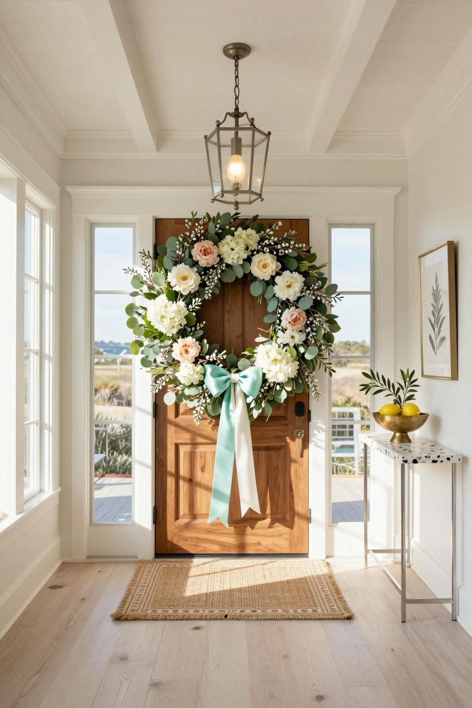 Easter wreaths for front door with eucalyptus and white hydrangeas on mahogany door with chrome hardware