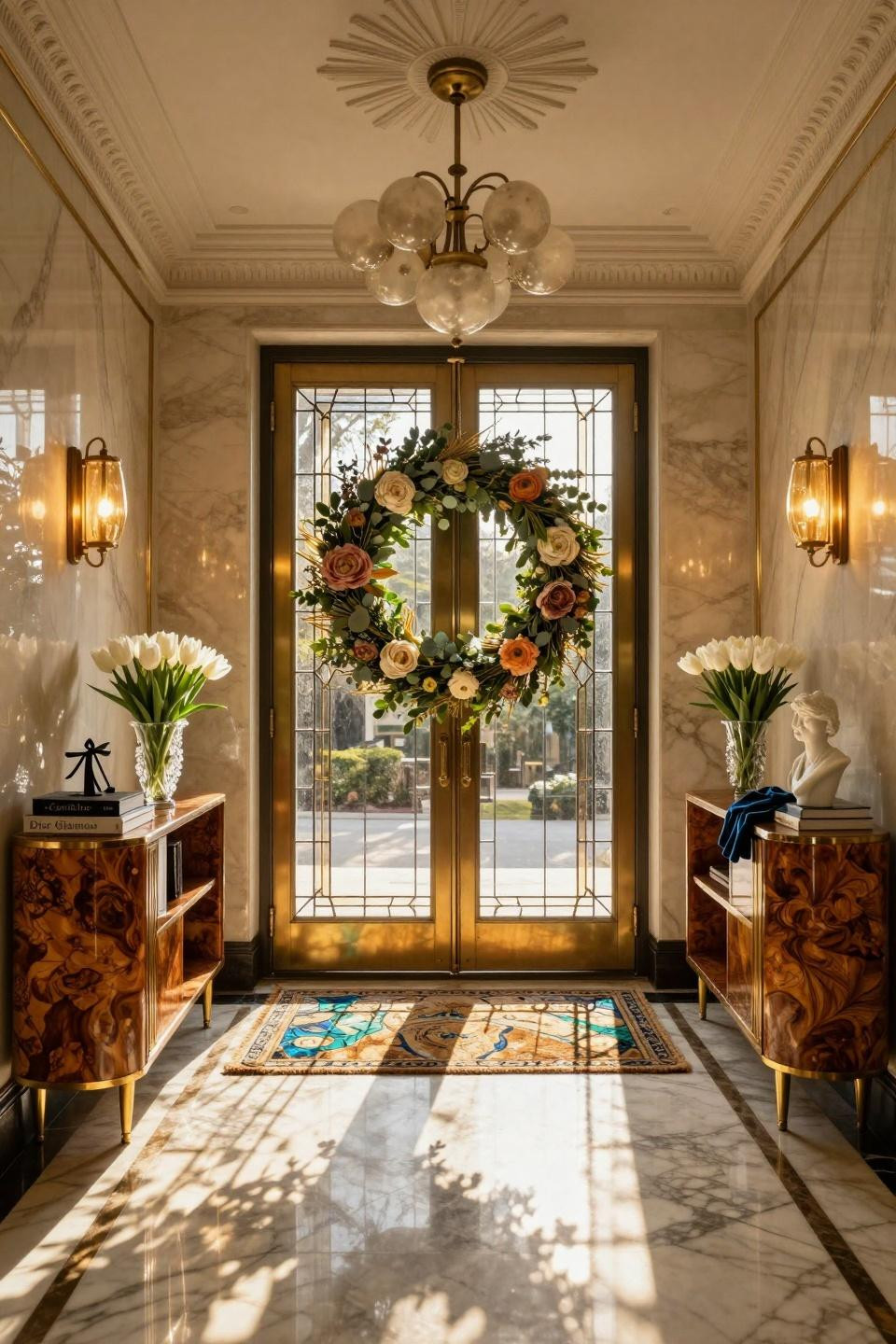 Easter wreaths for front door with preserved peonies and brass sunburst framework on black lacquer door