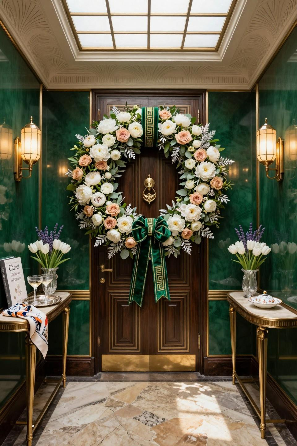 Easter wreaths for front door with white peonies and champagne roses on emerald lacquer door